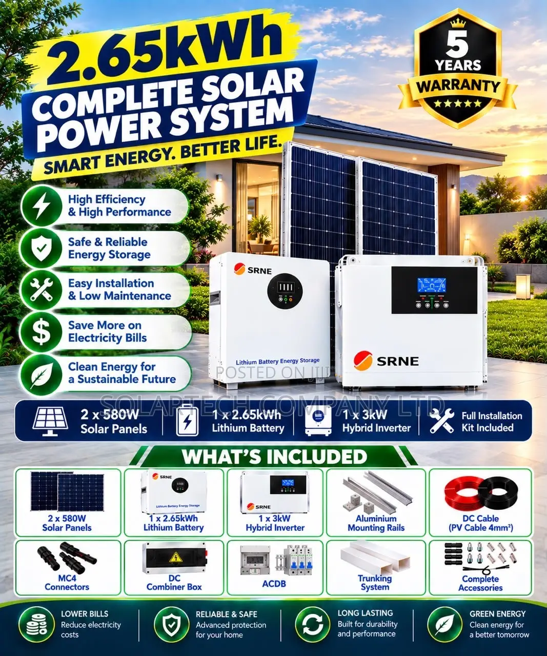SRNE 3kW Hybrid Inverter Solar System – 1.16kW Solar Panels 24V