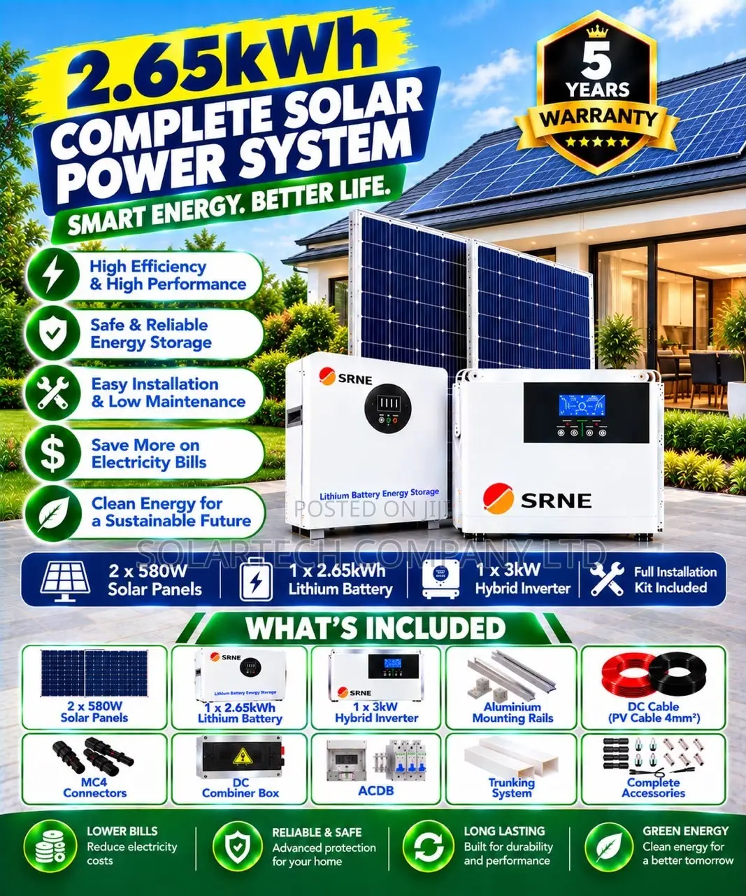 SRNE 3kW Hybrid Inverter Solar System – 1.16kW Solar Panels 24V