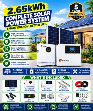 SRNE Complete 3kW Solar Package –24V Lithium Battery 2×580W Panels