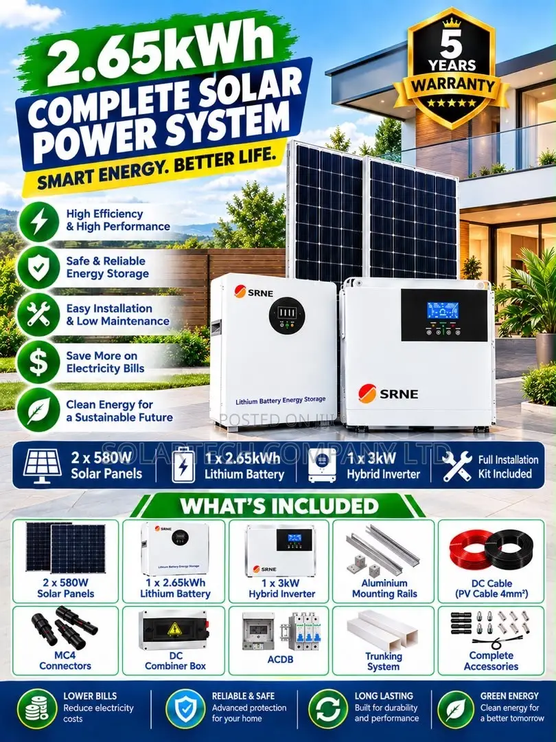 SRNE Complete 3kW Solar Package –24V Lithium Battery 2×580W Panels