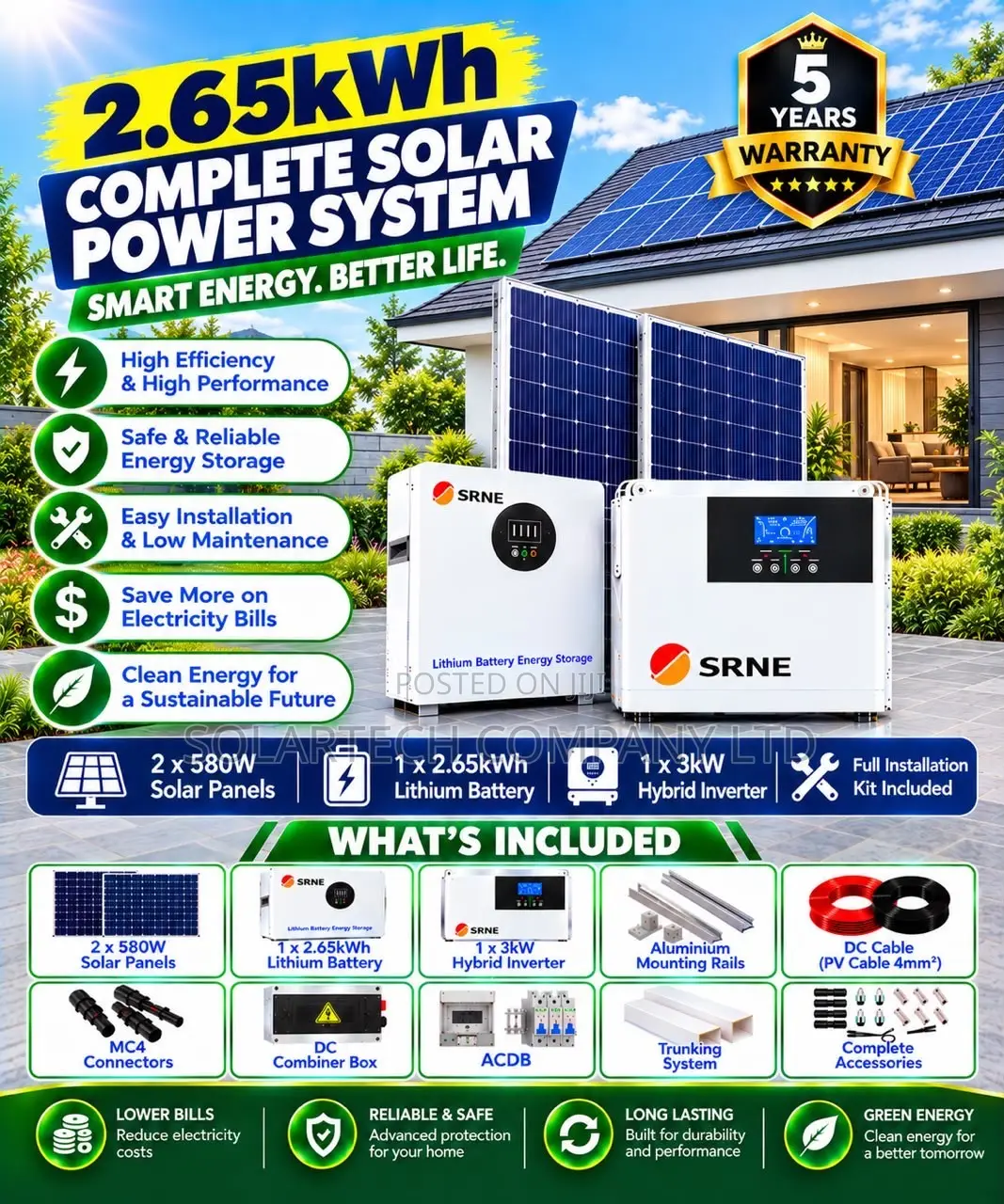 SRNE 2.65kWh Solar Power System – 3kW Hybrid Inverter Full Kit