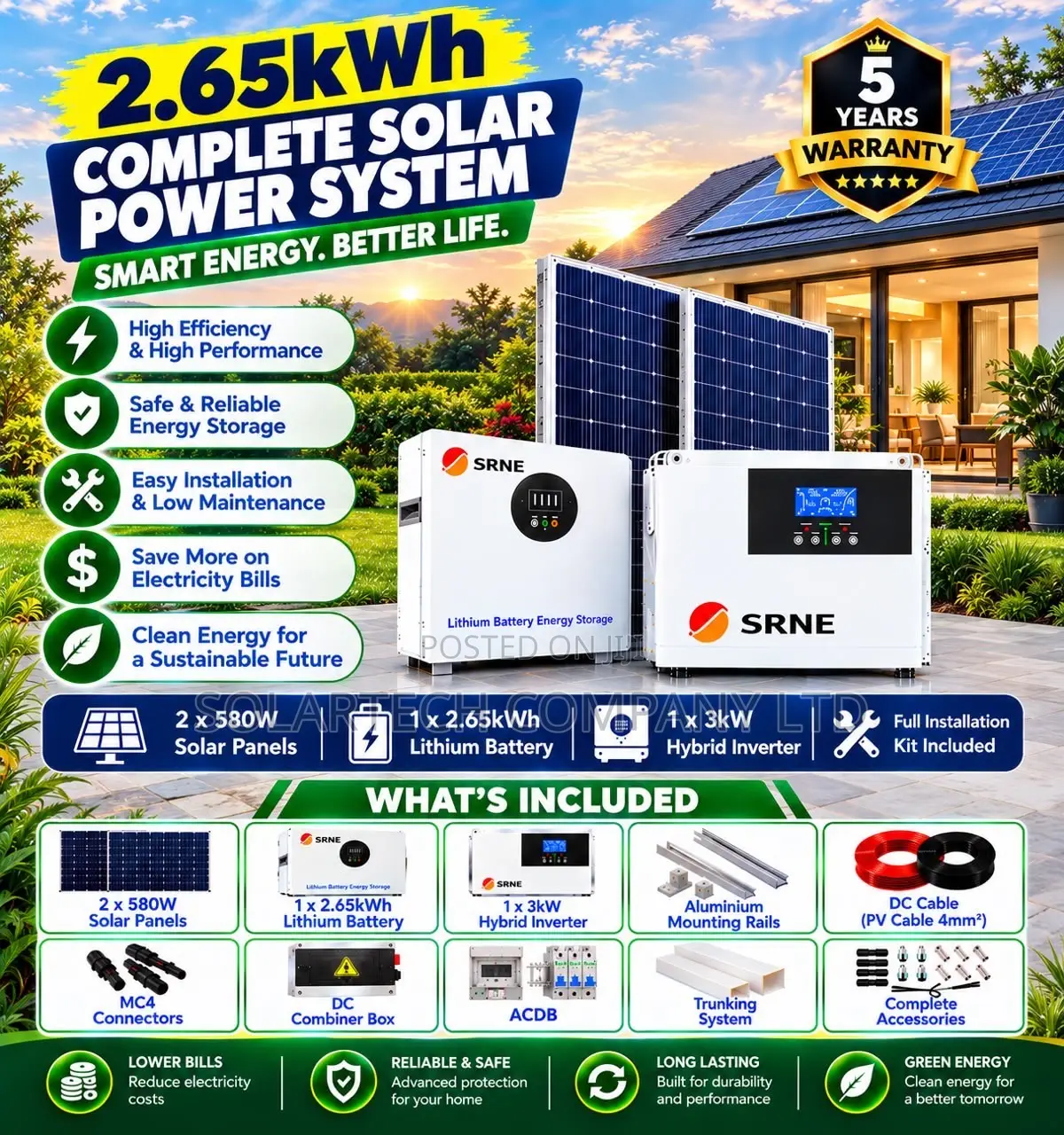 SRNE 2.65kWh Solar Power System – 3kW Hybrid Inverter Full Kit