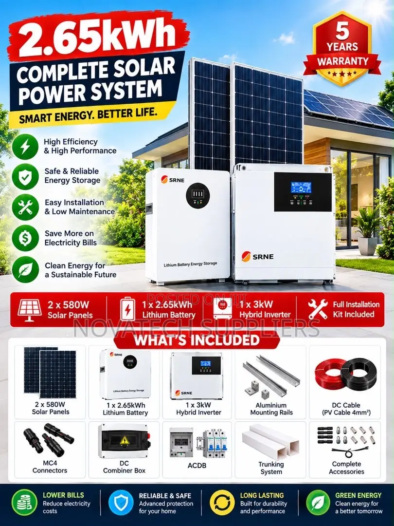 100Amps SRNE Complete Solar System – 3kW Inverter 2.65kWh Battery