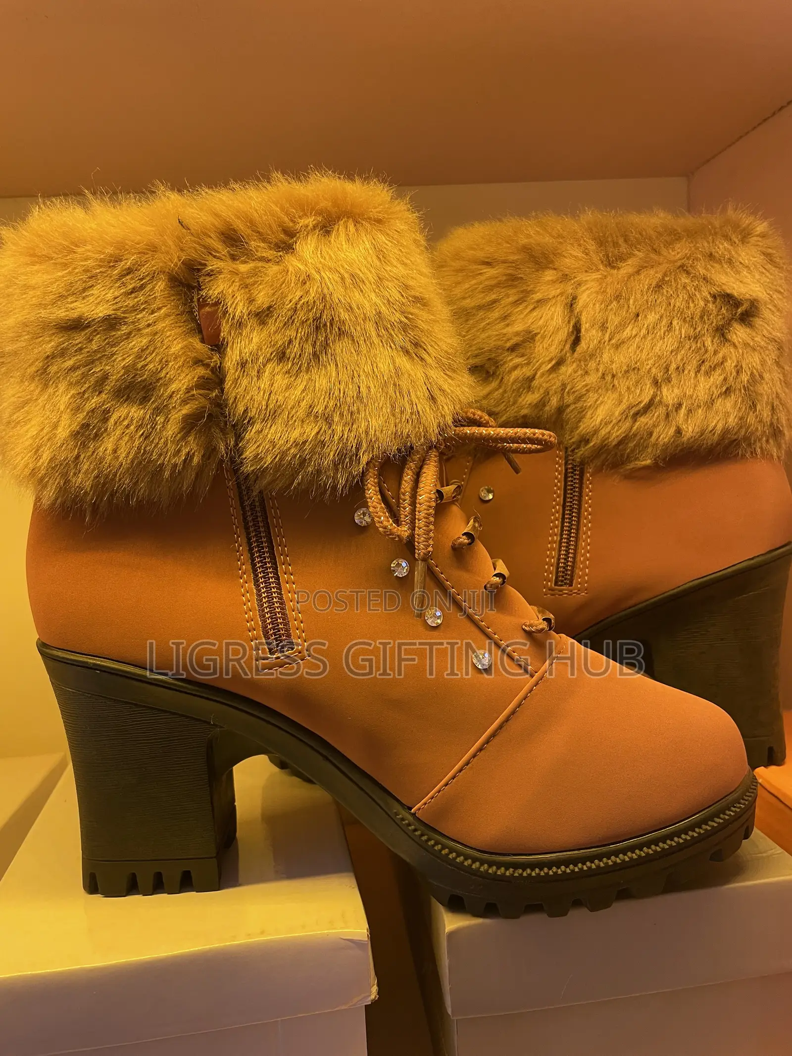 Camel Fur-Lined Chunky Heels Ankle Boot