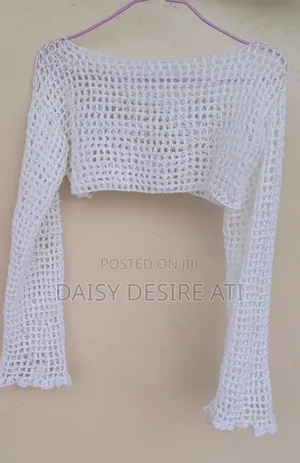 Handmade White Crochet Shrug-Long Sleeve Mesh Crop Cover Up