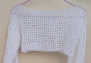 Handmade White Crochet Shrug-Long Sleeve Mesh Crop Cover Up