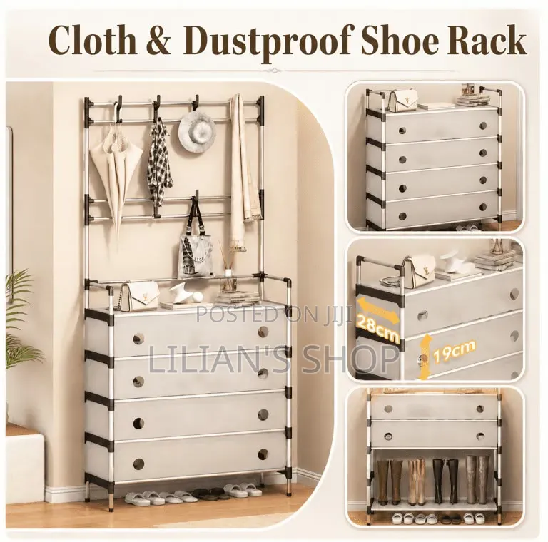 Multipurpose Coat and Dustproof Shoe Rack With Storage Shelves