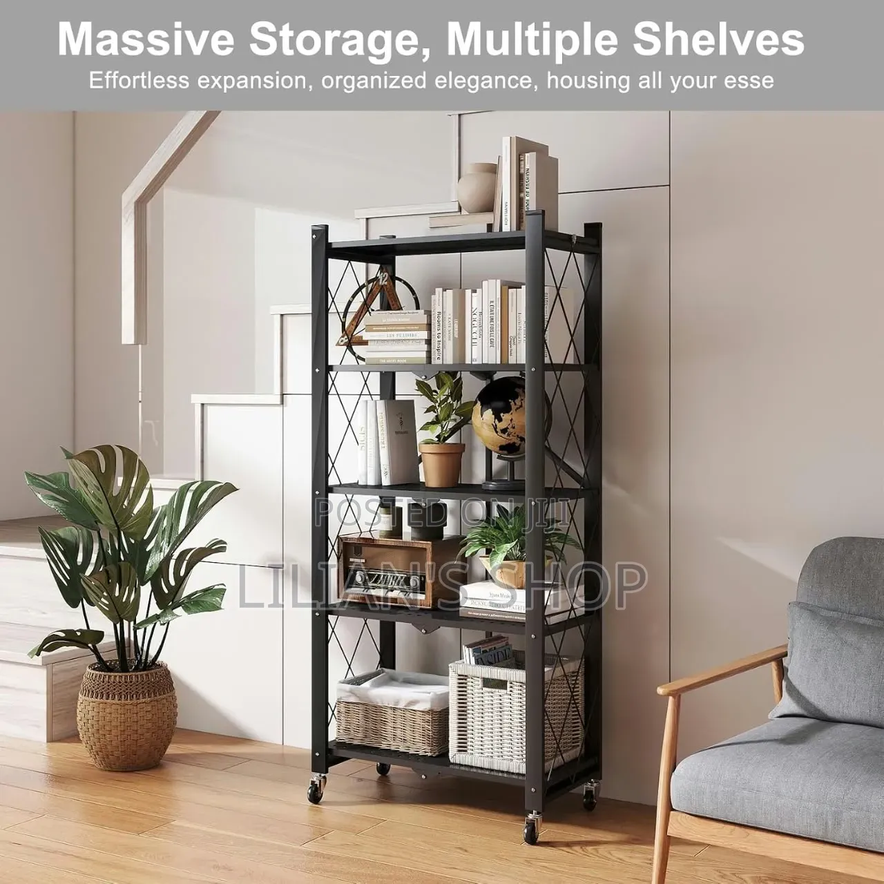 5-Tier Black Metal Foldable Storage Rack