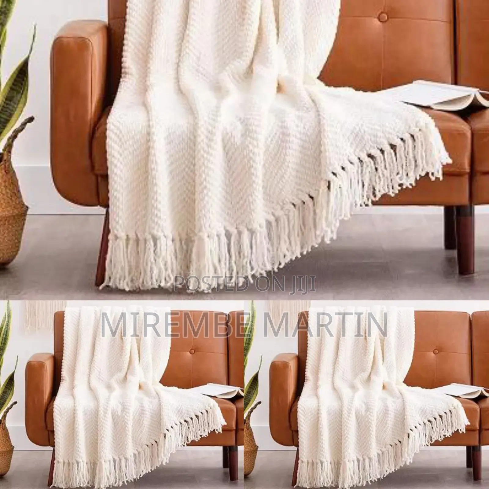 Cream Knit Throw Blanket With Decorative Fringe Tassels