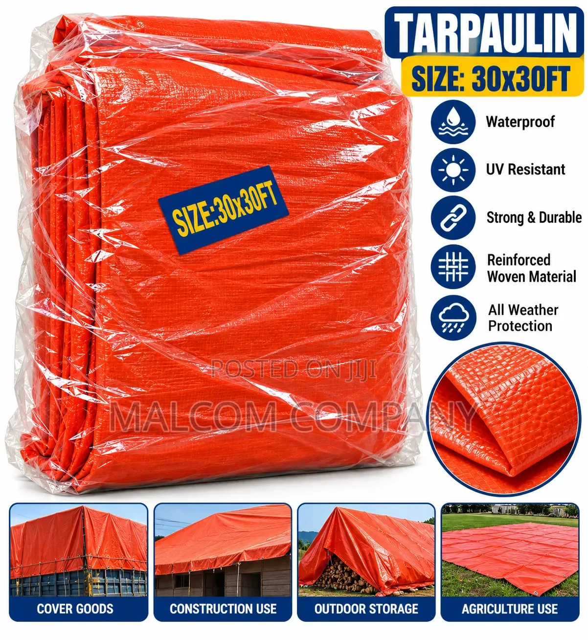 30×30FT Tarpaulin Waterproof Heavy Duty Cover Sheet – Orange