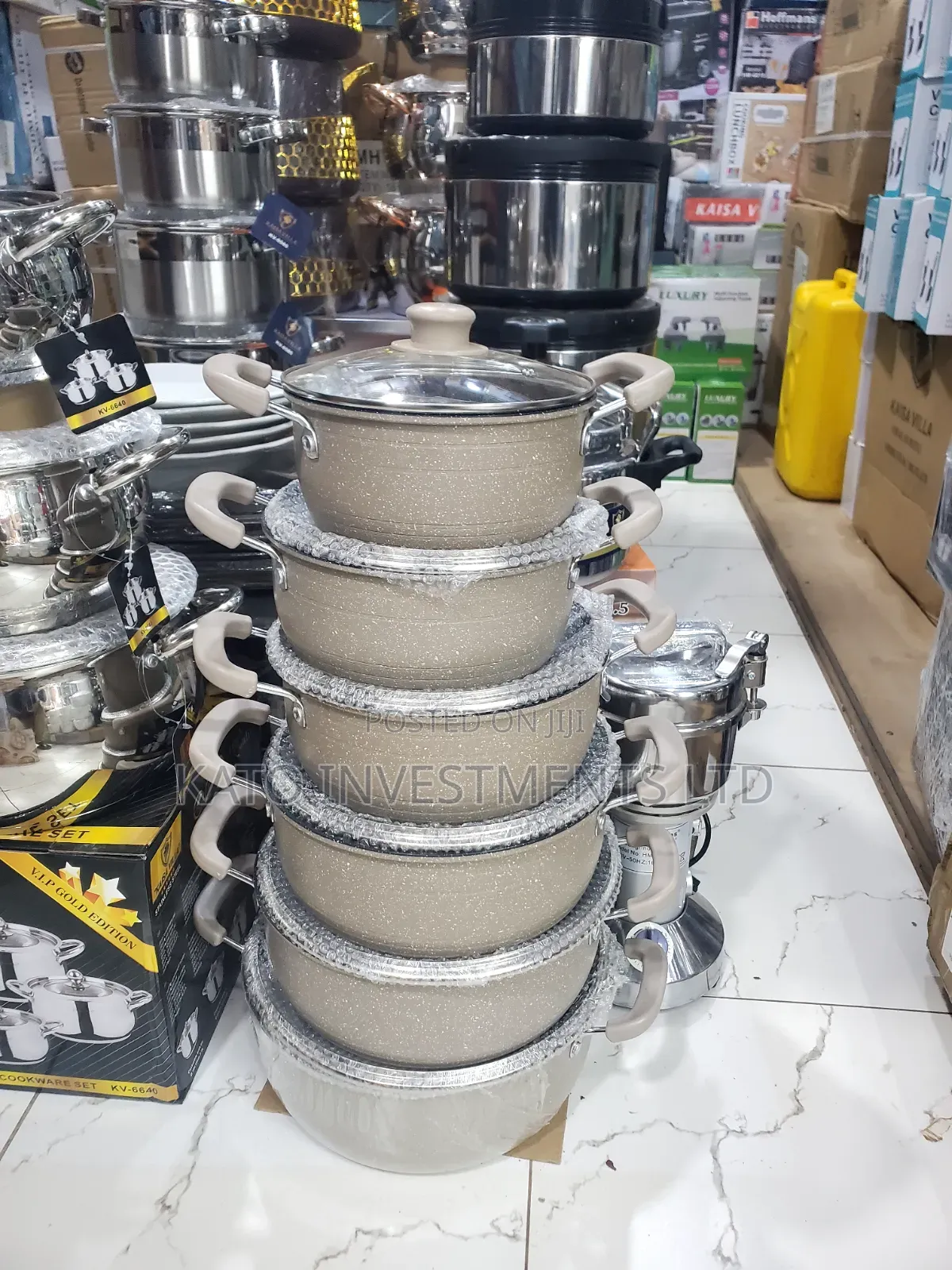 6 Pot Speckled Beige Non-Stick Granite Cookware Set