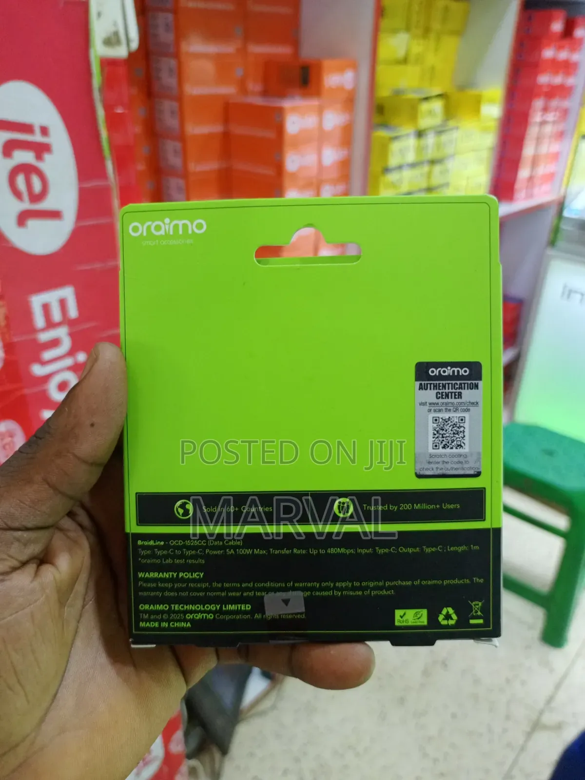 Oraimo BraidLine 100W Type-C to Type-C Cable (Model OCD-1525CC).