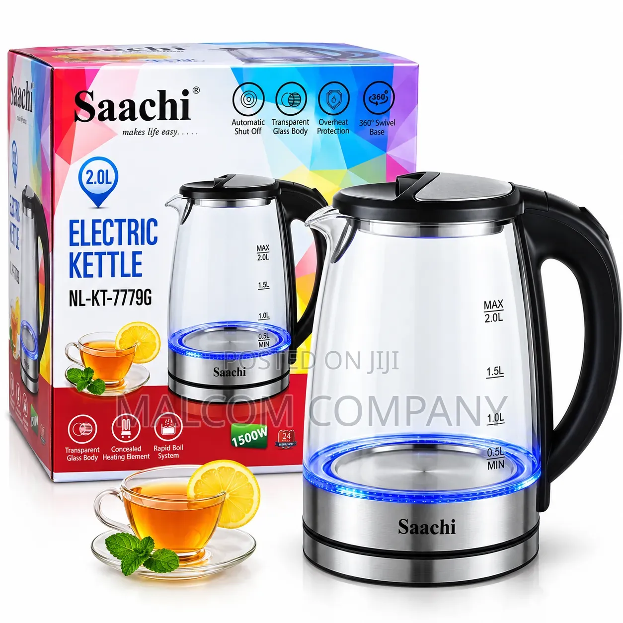 Saachi 2.0L Electric Glass Kettle1500W Automatic Shut-Off Rapid Boil