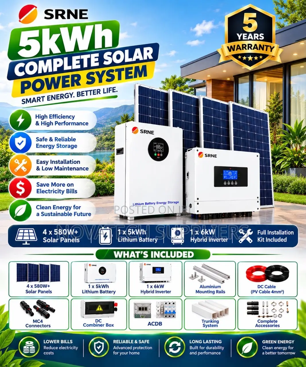 SRNE 5kW Hybrid Solar System–5kWh Lithium Battery 5Year Warranty 48V