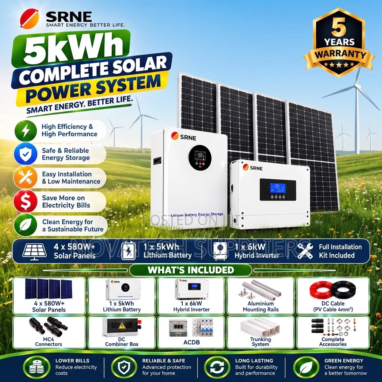 SRNE 5kW Solar Kit – 5kWh Lithium Battery + 2.32kW Solar Panels