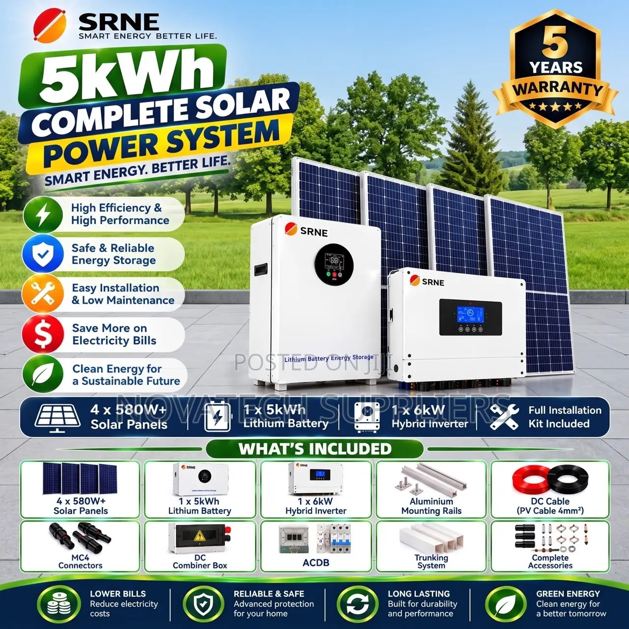 SRNE 5kW Solar Kit – 5kWh Lithium Battery + 2.32kW Solar Panels