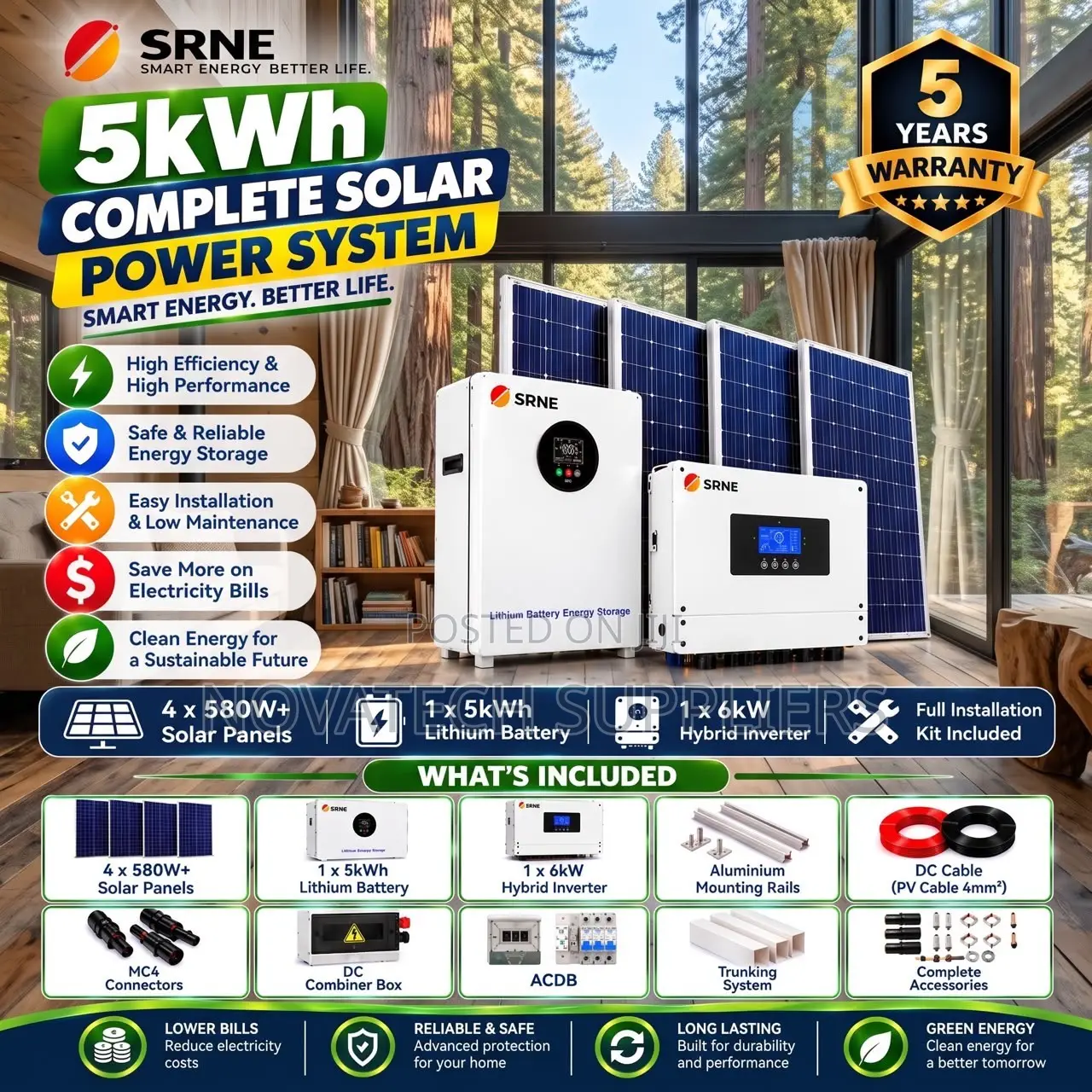 SRNE 5kW Complete Solar Kit–Lithium Battery, Panels Full Accessories