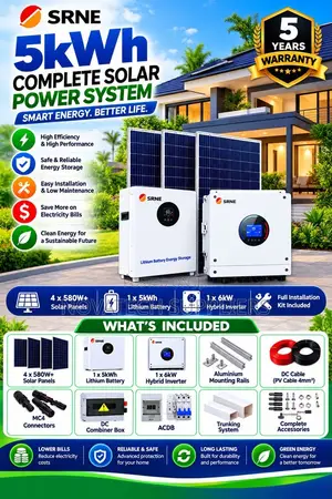 SRNE 5kW Hybrid Solar Kit – 5kWh Lithium Battery, 5-Year Warranty