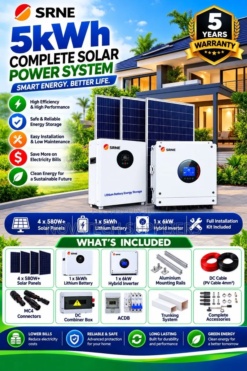 SRNE 5kW Hybrid Solar Kit – 5kWh Lithium Battery, 5-Year Warranty