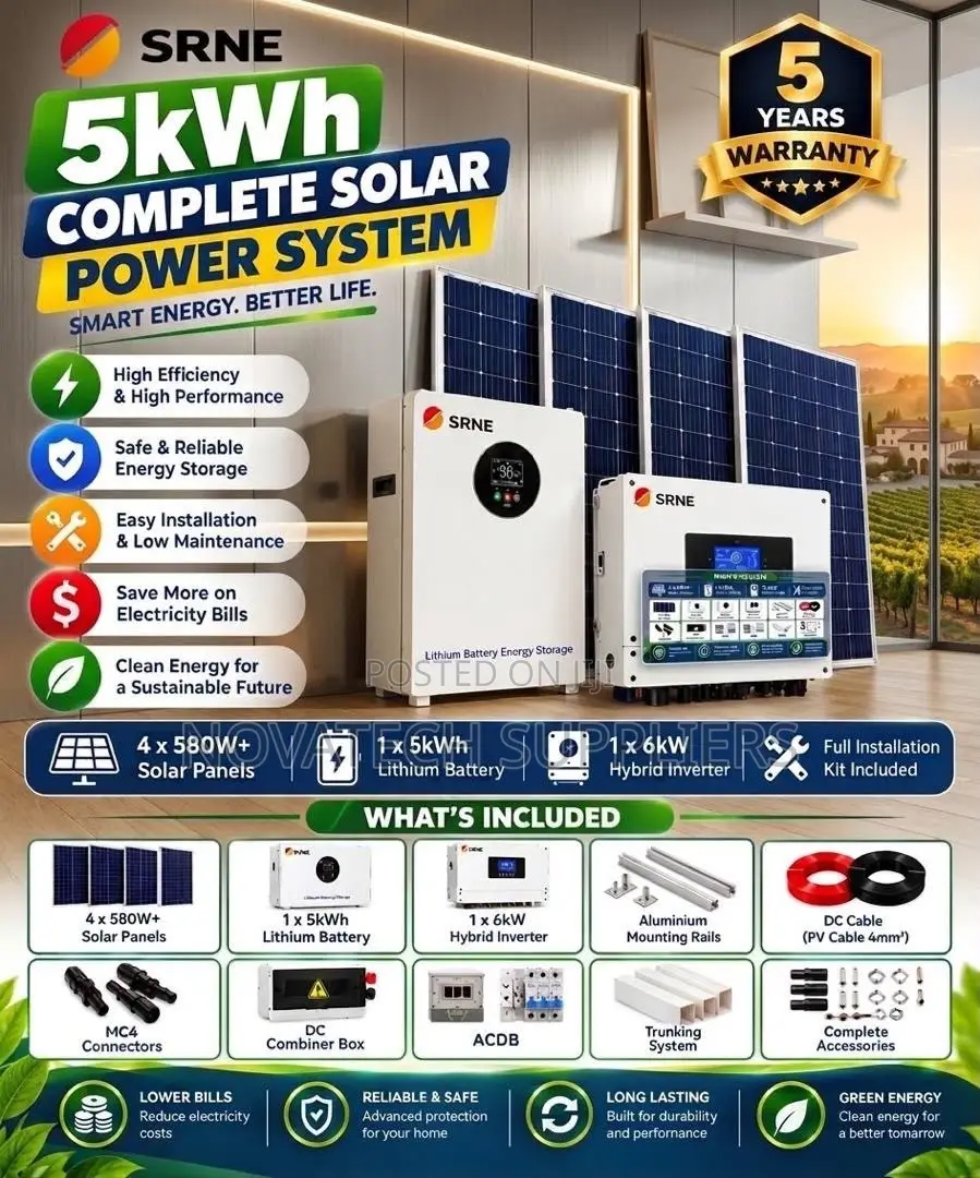 SRNE 5kW Hybrid Solar Kit – 5kWh Lithium Battery, 5-Year Warranty