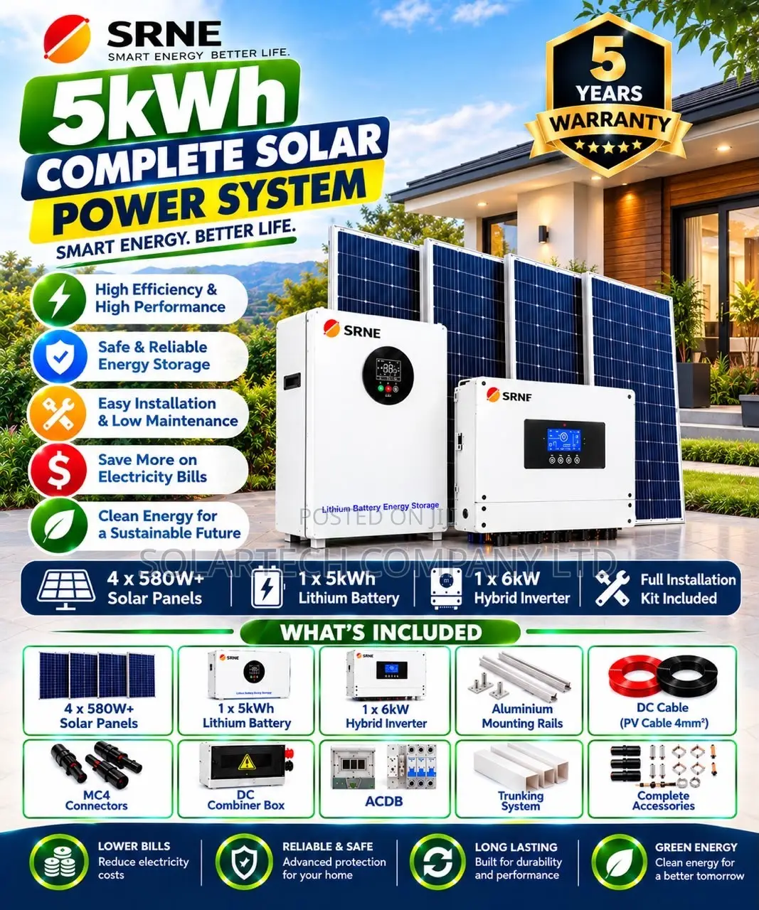 SRNE 5kW Complete Solar System – 5kWh Battery 4×580W Panels