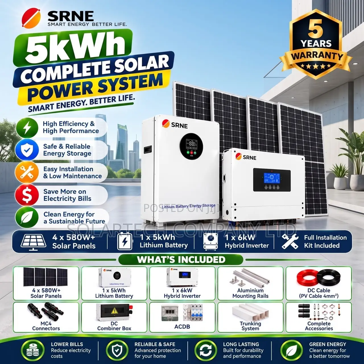 SRNE 5kW Complete Solar System – 5kWh Battery 4×580W Panels