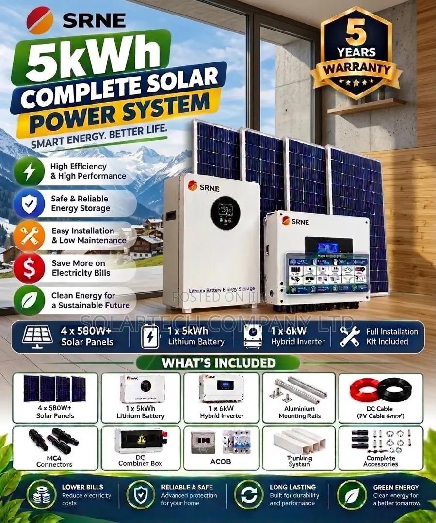 SRNE 5kW Solar Kit – 5kWh Lithium Battery + 2.32kW Solar Panels 48V