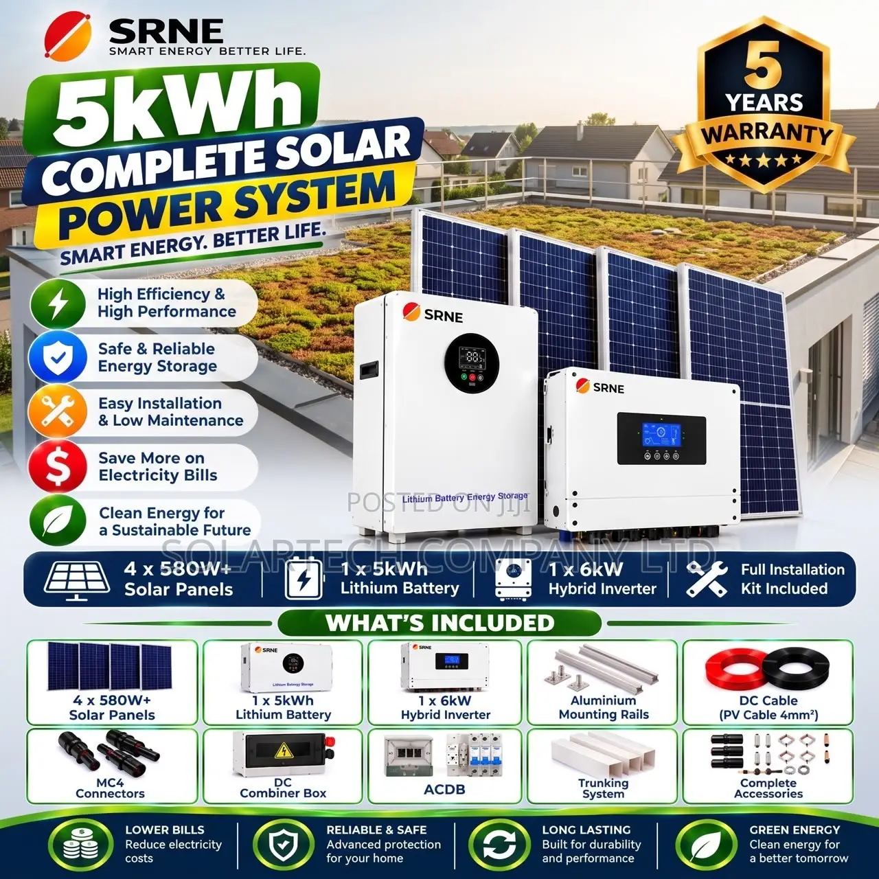 SRNE 5kW Solar Kit – 5kWh Lithium Battery + 2.32kW Solar Panels 48V