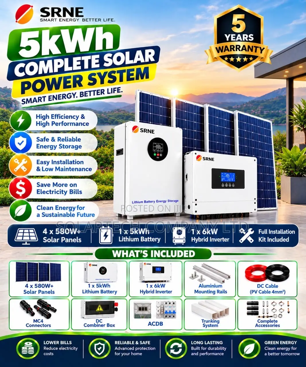 SRNE Complete 5kW Solar Package – 5kWh Battery 4×580W Panels