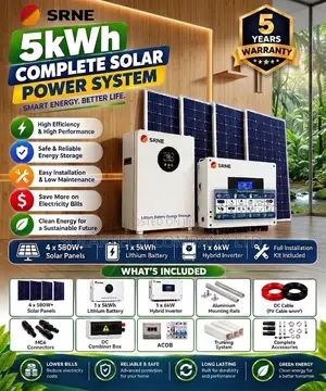 SRNE 5kW Solar Backup System – 5kWh Battery 4×580W Solar Panels