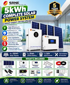 SRNE 5kW Complete Solar Kit–Lithium Battery, Panels Full Accessories