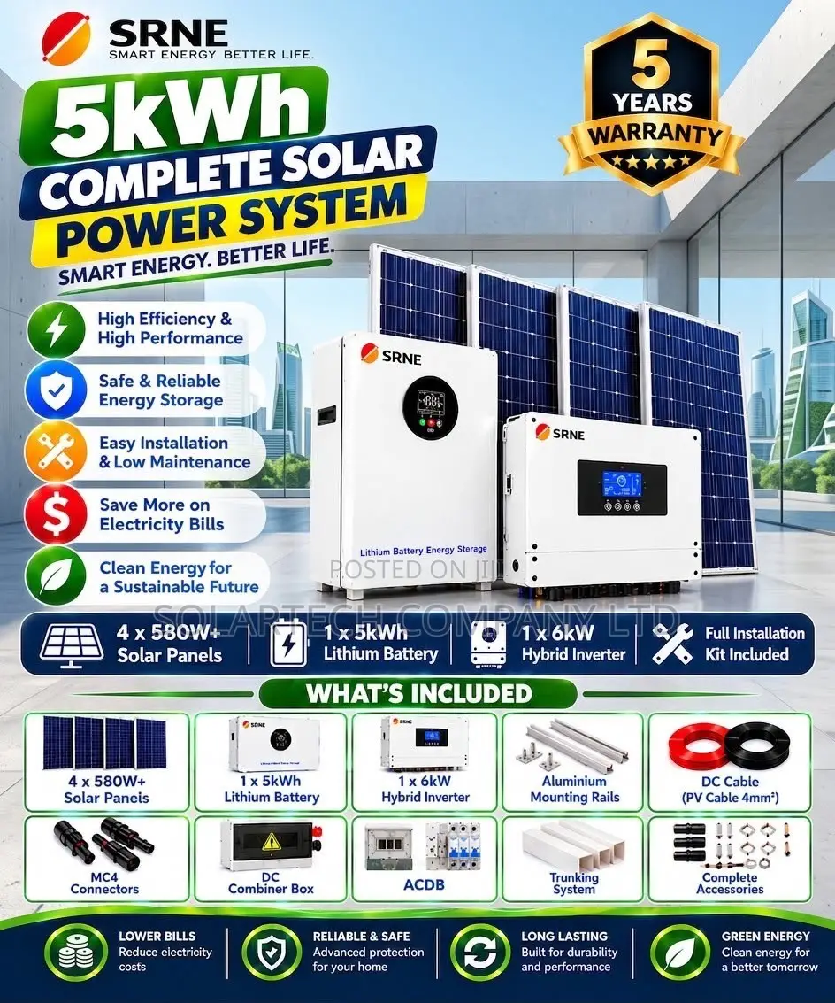 SRNE 5kW Complete Solar Kit–Lithium Battery, Panels Full Accessories