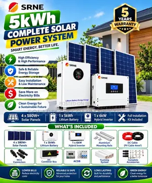 SRNE 5kW Complete Solar Kit–Lithium Battery, Panels Full Accessories