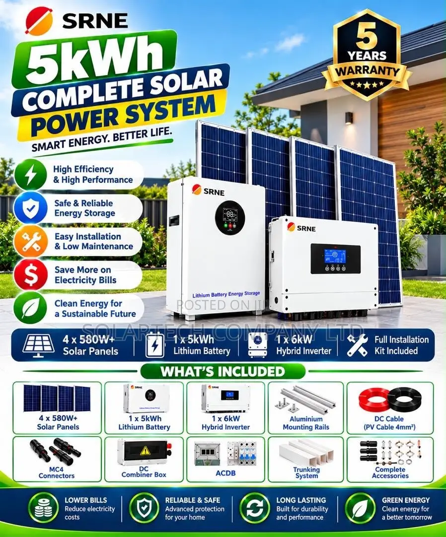 SRNE 5kW Complete Solar Kit–Lithium Battery, Panels Full Accessories