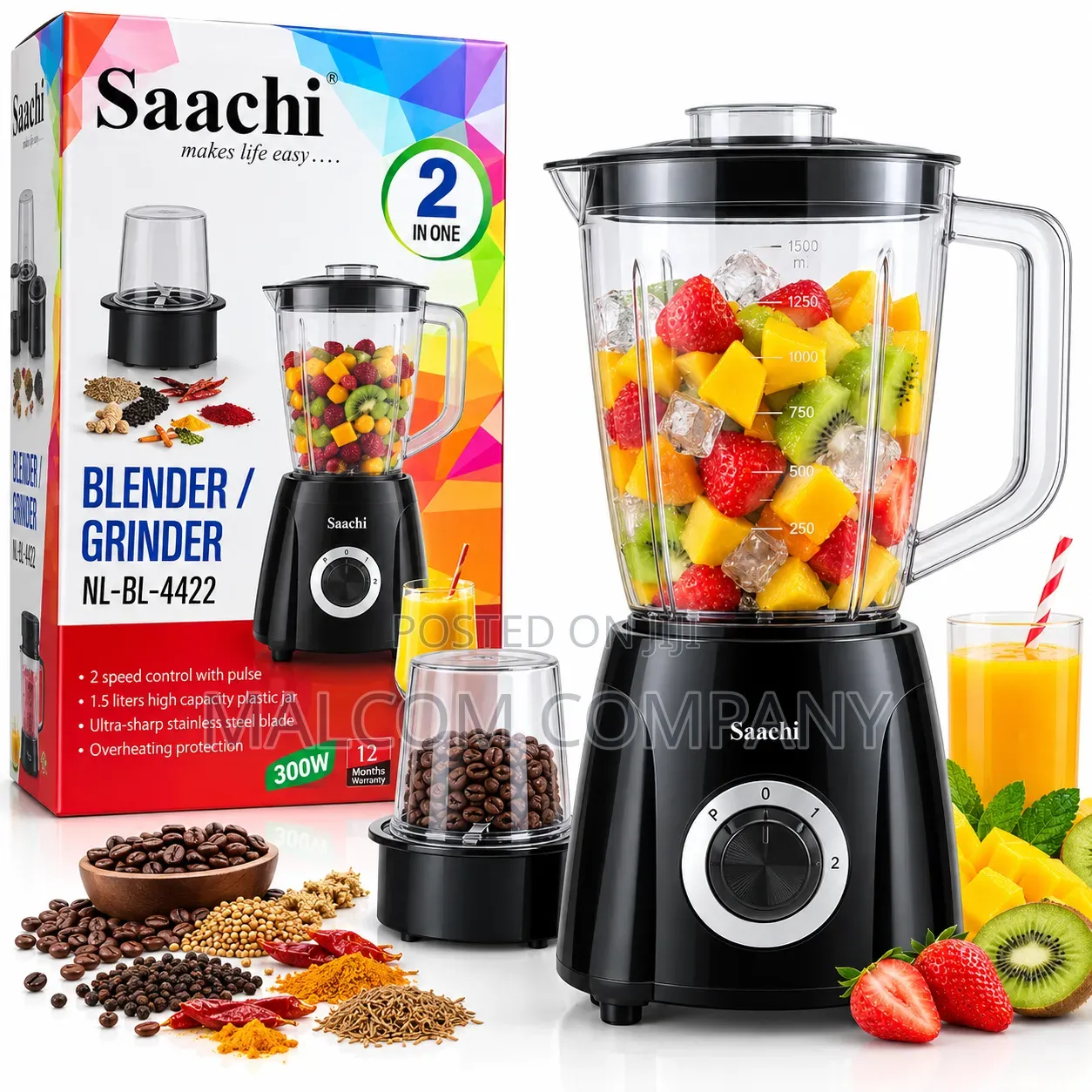 Saachi Blender Grinder 300W 1.5L 2-in-1 – NL-BL-4422 | Uganda