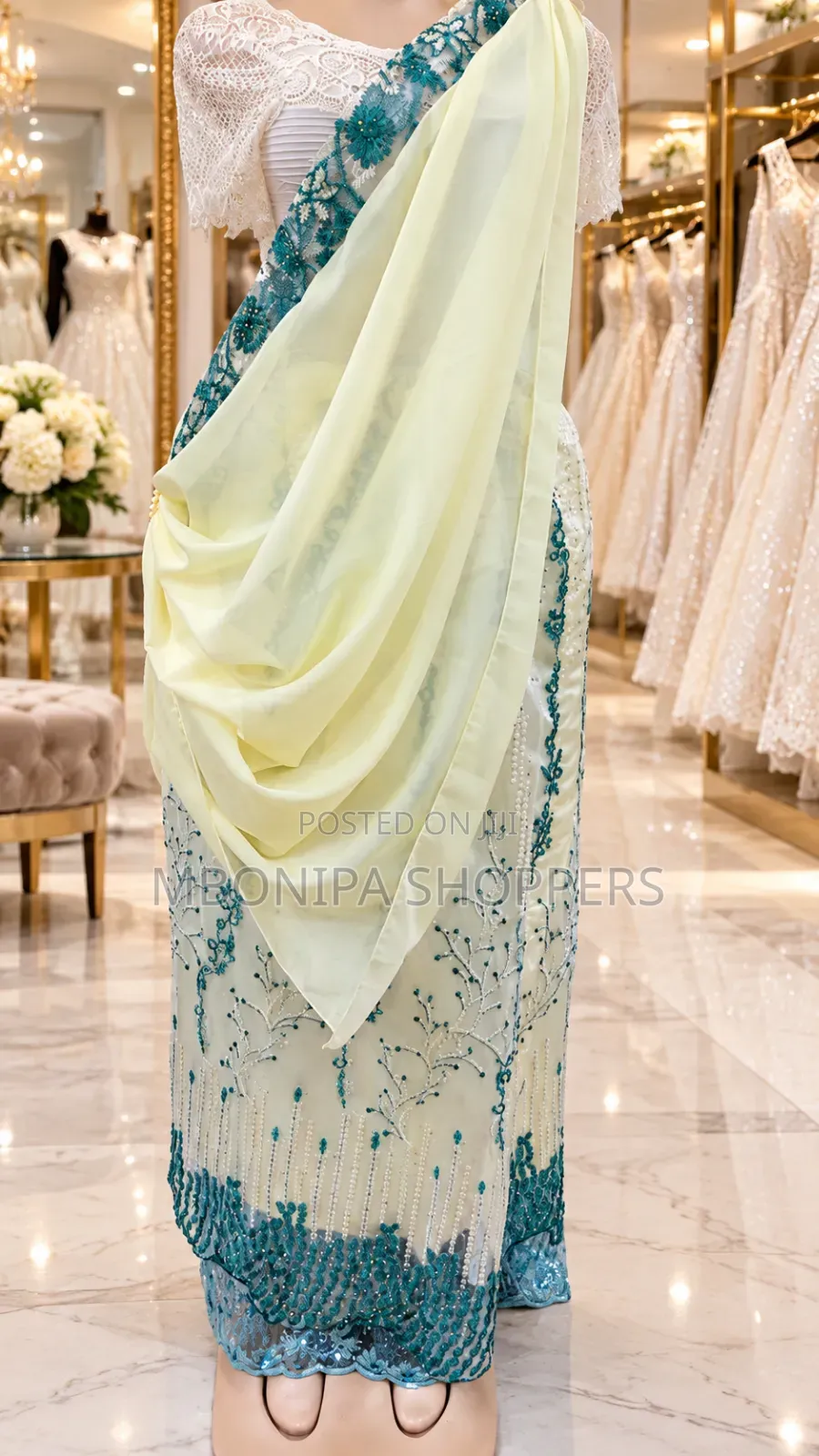 Elegant Mushanana – Cream Teal Embroidered Traditional Dress