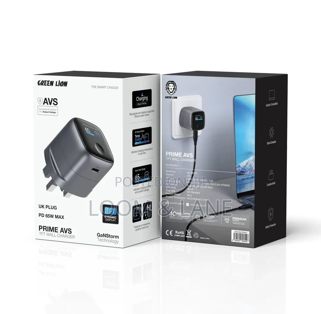 Green Lion Prime AVS TFT Wall Charger With GaNStorm Technology