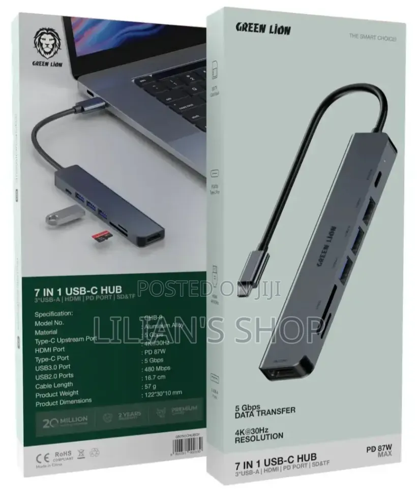 Green Lion 7-in-1 USB-C Hub - Gray