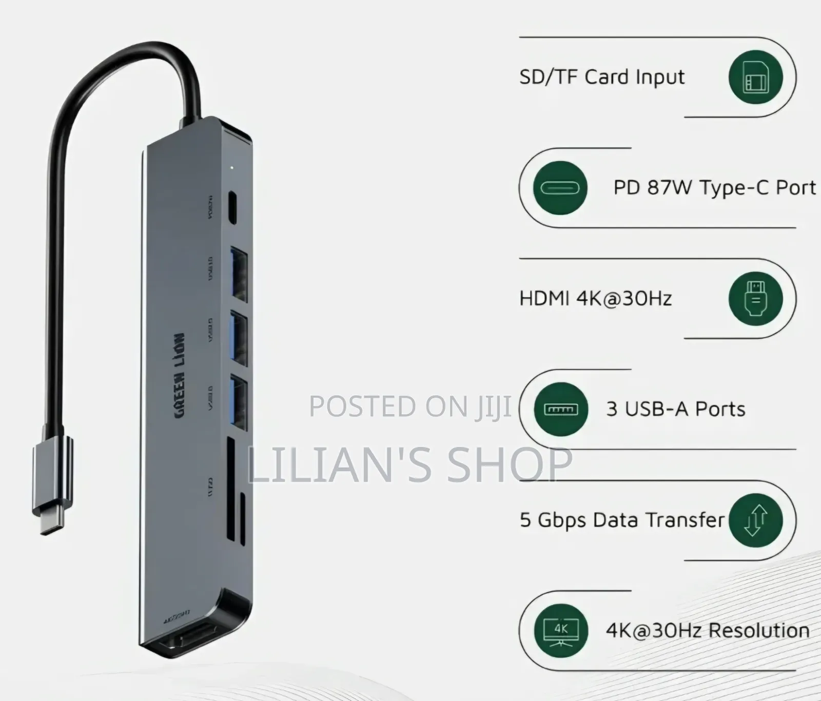 Green Lion 7-in-1 USB-C Hub - Gray