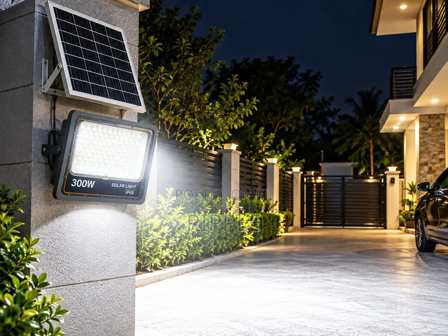 300W Heavy Duty Solar Flood Light Warm Bright With Panel Remote