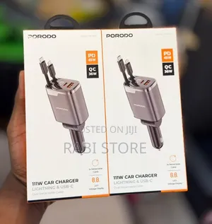 Porodo 111W Car Charger With Lightning Type C Dual Retractable