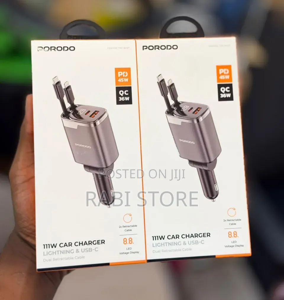 Porodo 111W Car Charger With Lightning Type C Dual Retractable