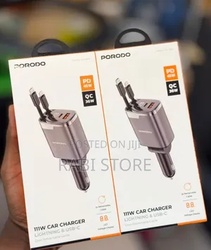 Porodo 111W Car Charger With Lightning Type C Dual Retractable