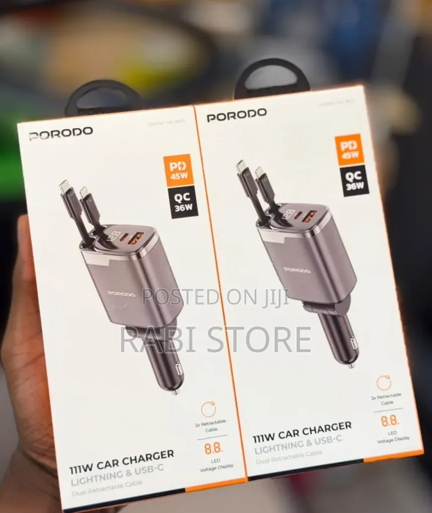 Porodo 111W Car Charger With Lightning Type C Dual Retractable
