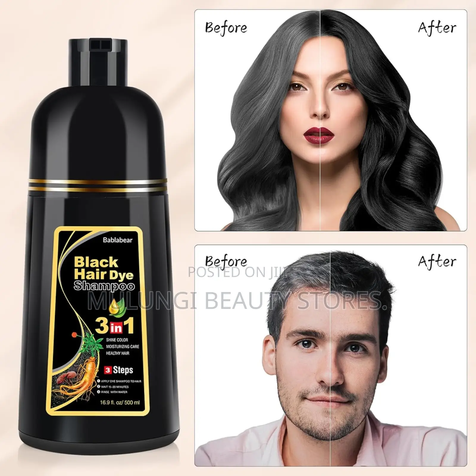 Gray Hair Coverage Box 3-in-1 Black Hair Dye Shampoo