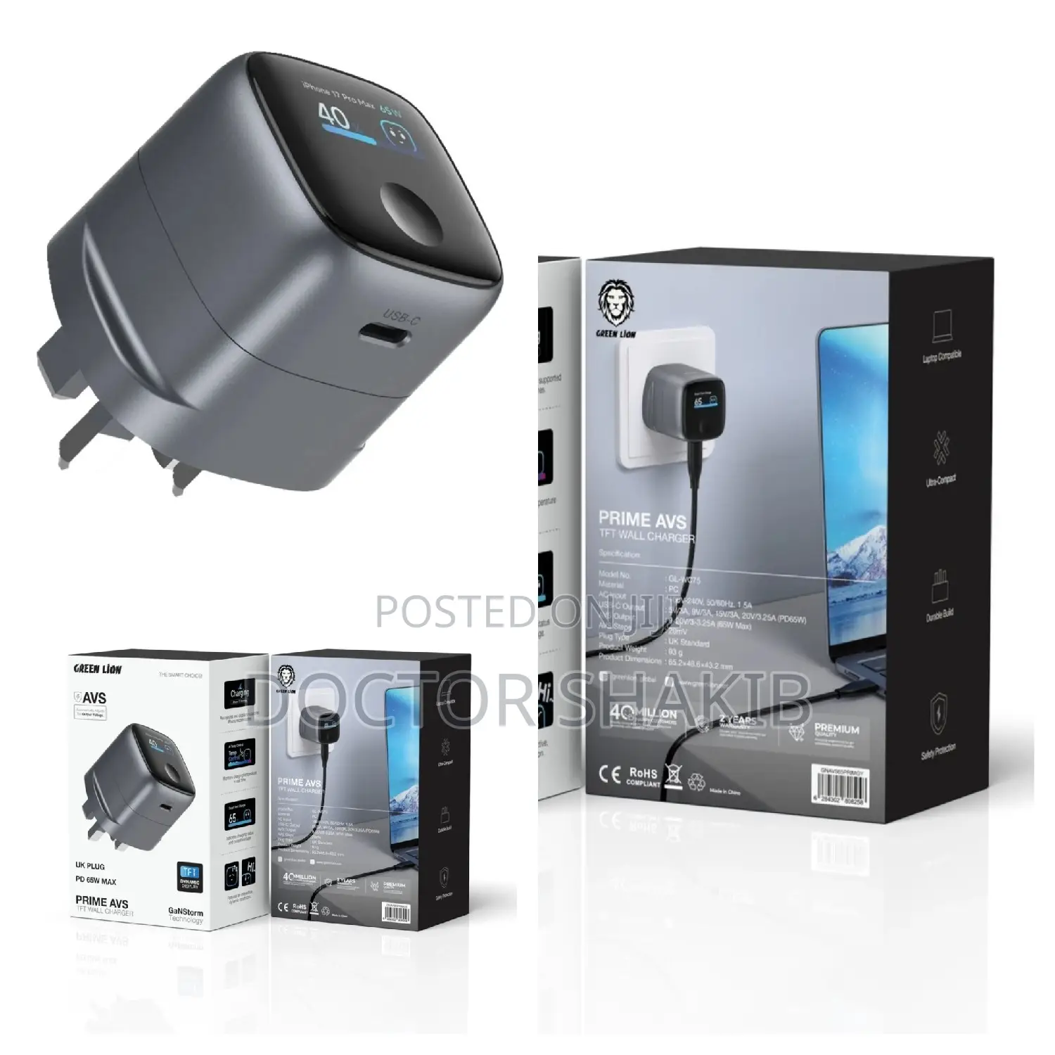 Green Lion Prime AVS TFT Wall Charger With GaNStorm Technology