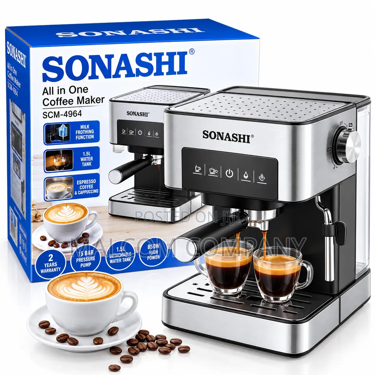 Sonashi SCM-4964 All-in-One Coffee Maker 850W 15 Bar Espresso Machine