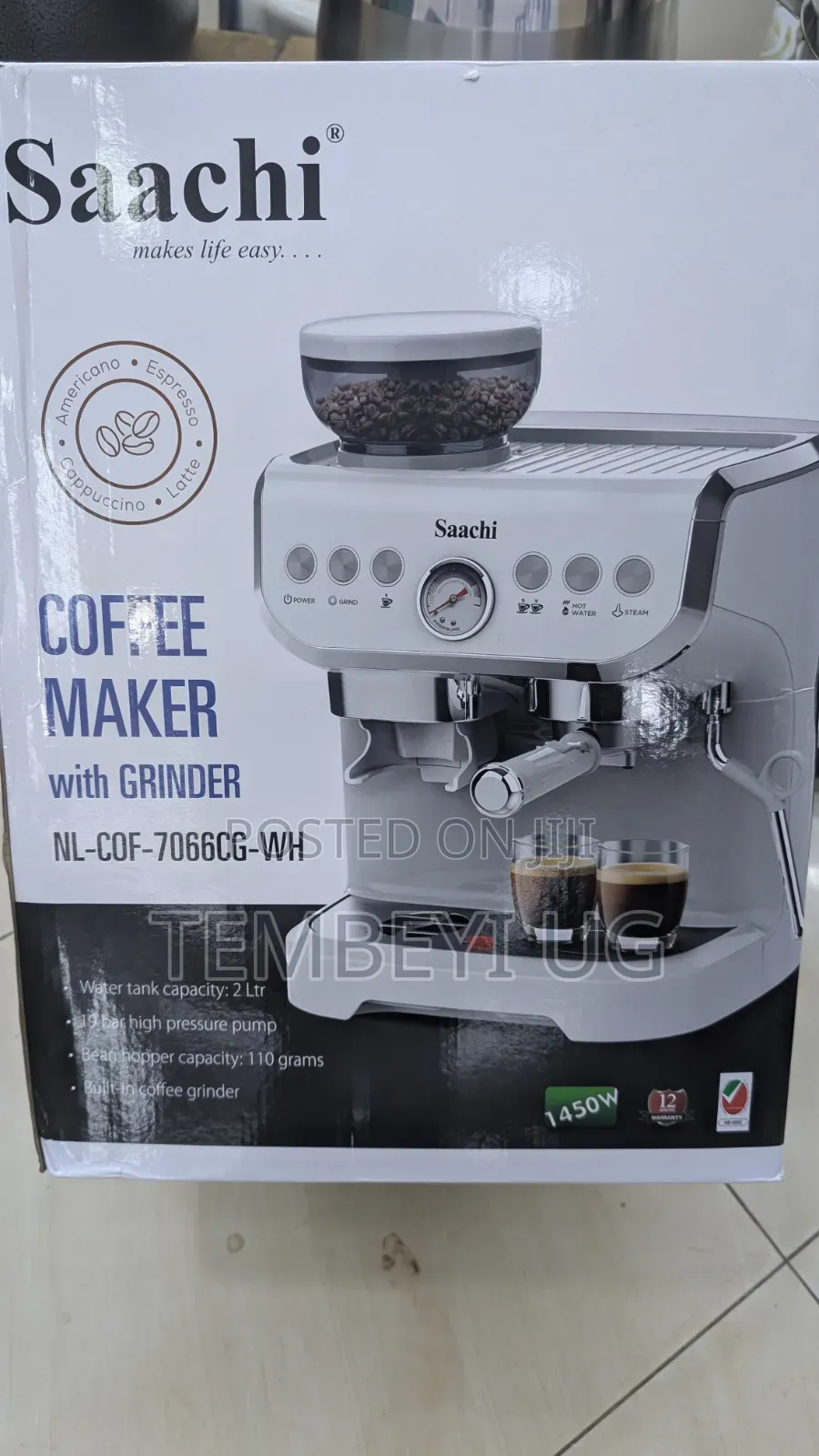 SAACHI 19-Bar Espresso Coffee Maker, Built-in Grinder, 2L Water Tank