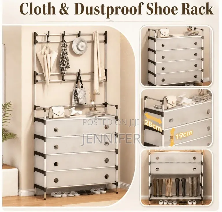 Multipurpose Coat and Dustproof Shoe Rack With Storage Shelves