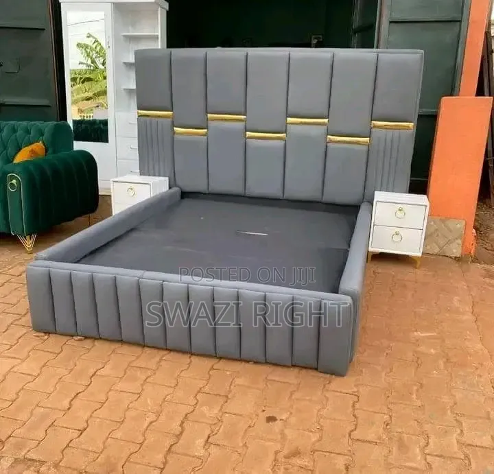 Executive Grey Panel Bed With Gold Accents 2 Nightstands